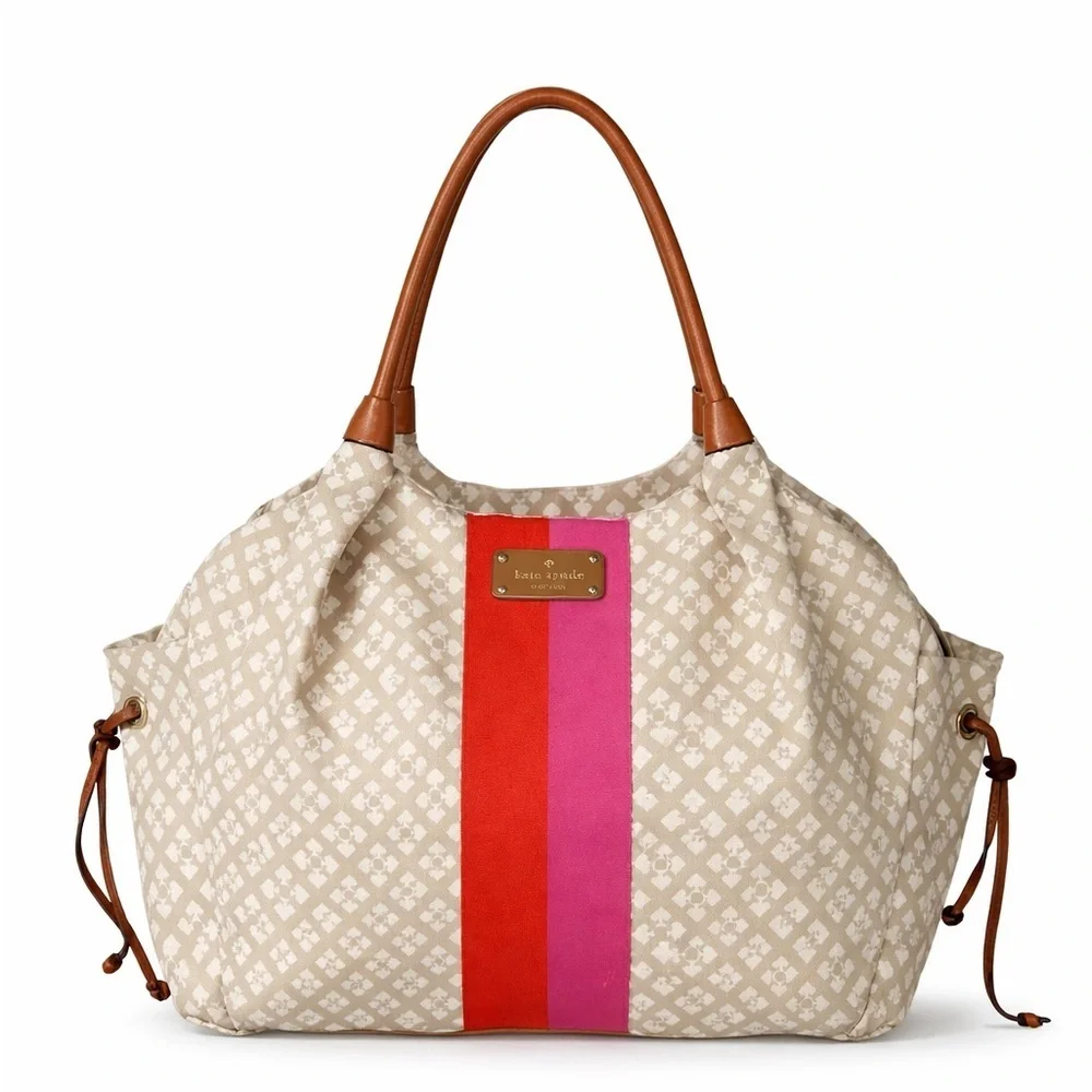 Kate Spade Canvas Tote Bag Beige Pink Stripe Large Travel Shoulder Chic